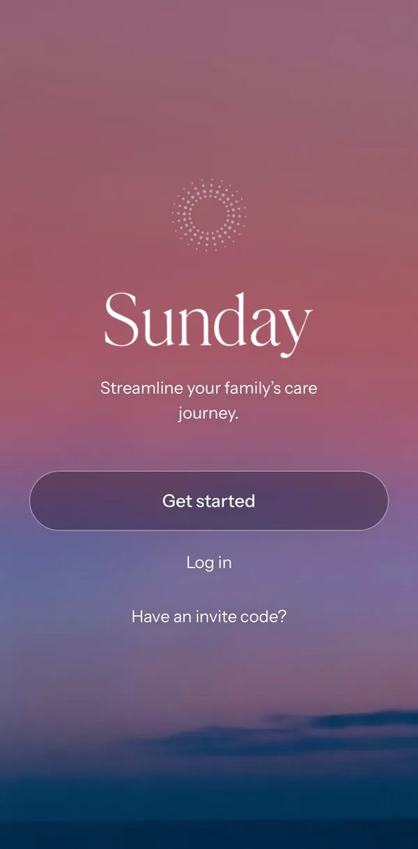Sunday's welcome screen: the sun mark and the Sunday wordmark over a sunset, with Get started, Log in, and Have an invite code?